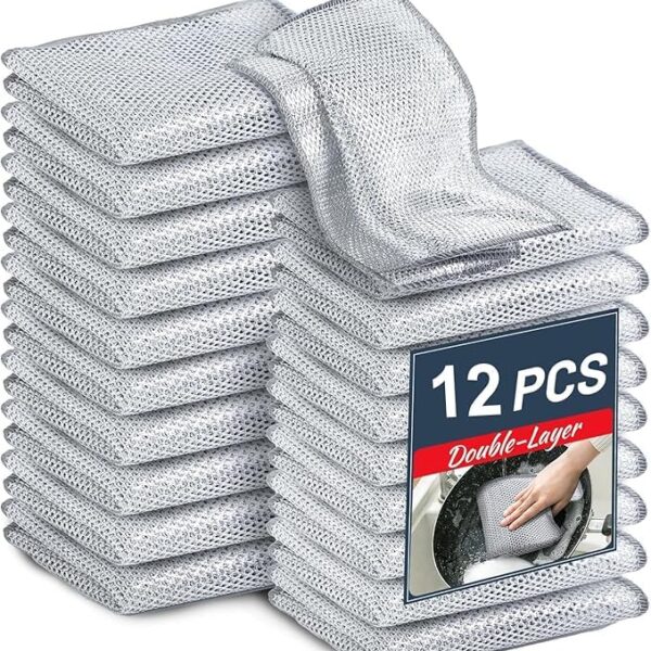 Non-Scratch Wire Dishcloth – 12 Pack Double Layer Silver Mesh Cleaning Cloths for Kitchen