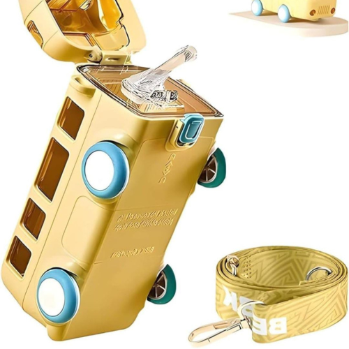 Bus Shaped Water Bottle with Moving Wheels | 480 ML Leak-Proof Water Bottle for Kids with Strap & Sipper