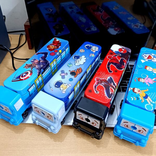 Gift Gallery Multicolour Cartoon Printed School Bus Matal Pencil Box with Moving Tyres and Sharpner for Kids  Multicolour