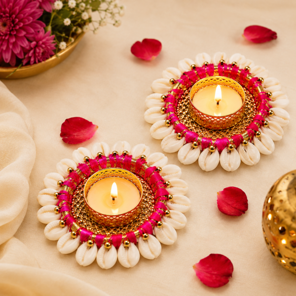 Premium Pink & Gold Shell Diya Set – Pack of 2