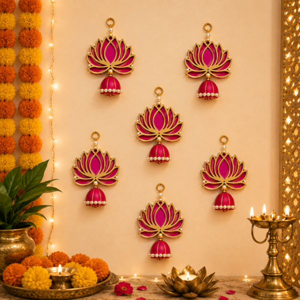Lotus Wall Hanging (06 Pcs- Pink) | Engineered Wooden Wall Decor with Jhumki | Traditional Lotus Latkan for Pooja Room, Temple Decoration & Diwali Home Decor