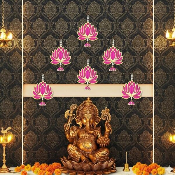 Lotus Wall Hanging (06 Pcs- Pink) | Engineered Wooden Wall Decor with Jhumki | Traditional Lotus Latkan for Pooja Room, Temple Decoration & Diwali Home Decor