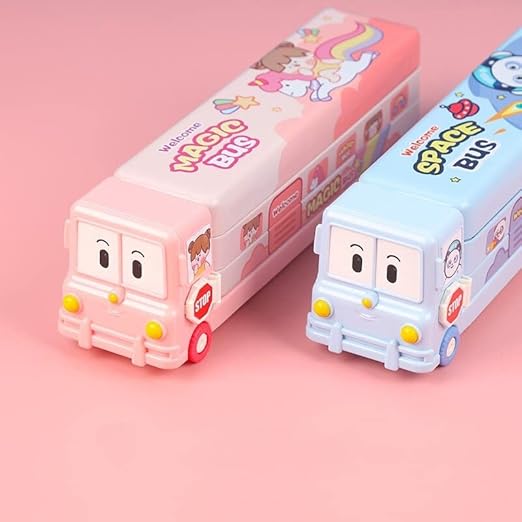 Gift Gallery Multicolour Cartoon Printed School Bus Matal Pencil Box with Moving Tyres and Sharpner for Kids  Multicolour