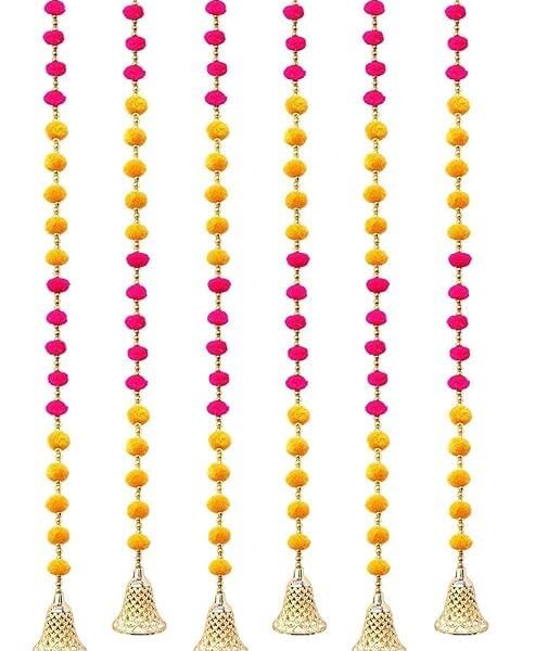 Indian Handmade Pom Pom Bead Toran for Decoration Long for Door Decoration Toran for Diwali/Ganpati/Navratri/Wedding/Festivals | 4Ft | 6 Strings Yellow Pink Golden Bell