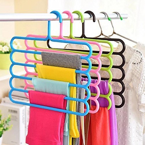 5 Layer Plastic Pants Clothes Hanger Wardrobe Storage Organizer Rack (Set of 3) 32L X 1B X 33H Cm (Assorted Colour)