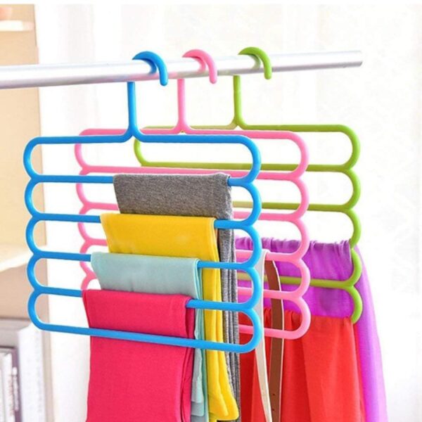 5 Layer Plastic Pants Clothes Hanger Wardrobe Storage Organizer Rack (Set of 3) 32L X 1B X 33H Cm (Assorted Colour)