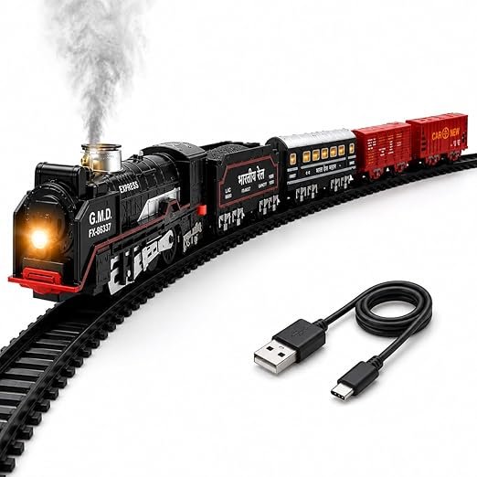 Jumbo Rail Gadi Electric Train Set for Boys | Rechargeable Steam Railway Engine with Multi Coaches | Sound, Smoke & Flashing LED Track Toy