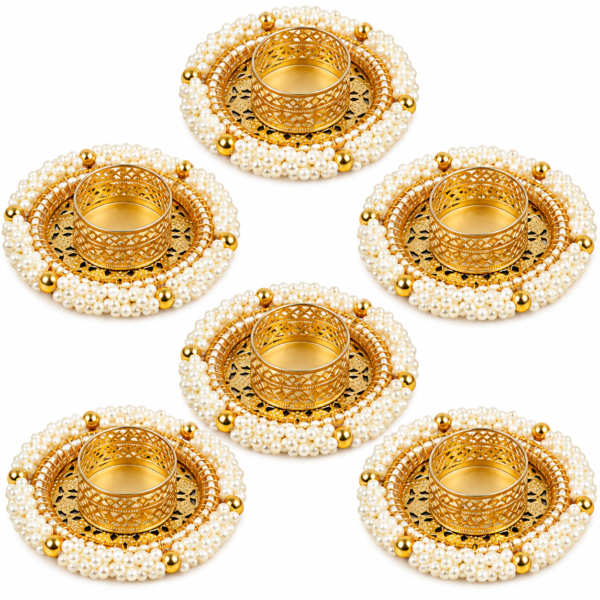 Tea Light Holder Set of 6 – White & Gold Metal with PVC Pearl Detailing | Decorative Diyas for Diwali, Pooja, Home Décor & Festive Gifting