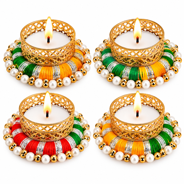 Handmade Multicolour Tealight Candle Holders with Wax Candles – Set of 4 | Multi-Ring Decorative Diya for Diwali, Pooja & Home Décor