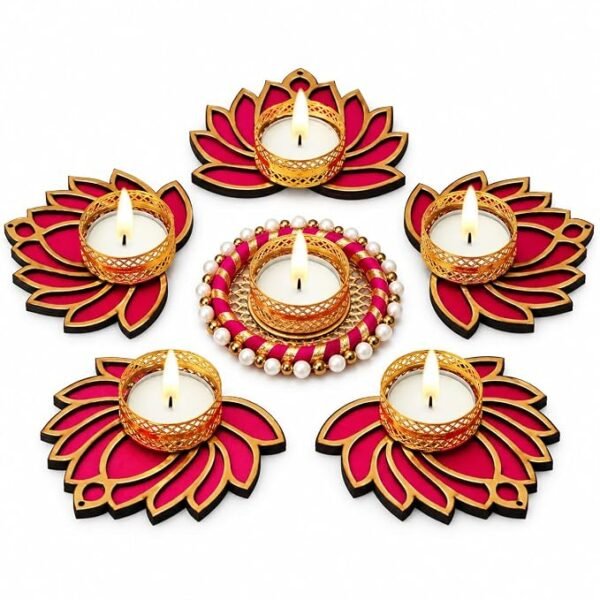 Designer Lotus Festival Tealight Candle Holder Set of 6 | Decorative Diyas for Diwali, Navratri, Ganesh Pooja, Home Temple & Festive Décor
