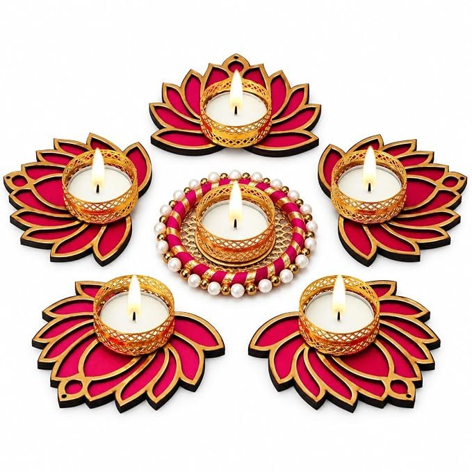 71omYECCUwL._SX679_ Designer Lotus Festival Tealight Candle Holder Set of 6 | Decorative Diyas for Diwali, Navratri, Ganesh Pooja, Home Temple & Festive Décor - Image 1