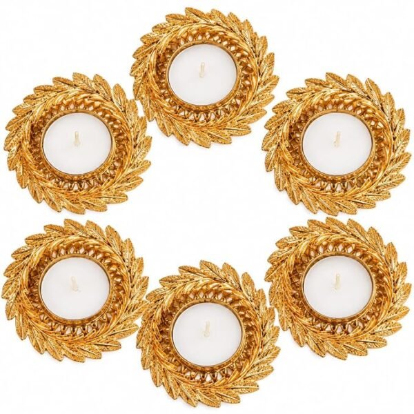 Elegant Designer Golden Metal Candle Holder Set of 6 | Gota Patti Tealight Votive Stands for Diwali, Rangoli, Wedding & Festive Décor