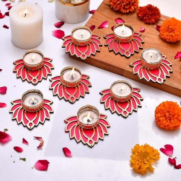Handmade Lotus Tealight Candle Holder Set of 8 with Tealights | Decorative Diyas for Diwali, Navratri, Onam, Pooja & Festive Home Décor