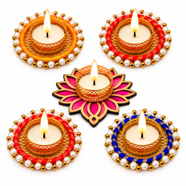 Decorative Tealight Candle Holder Set of 5 | 4 Ring Diyas with 1 Lotus Flower Holder for Diwali, Pooja & Festive Home Décor