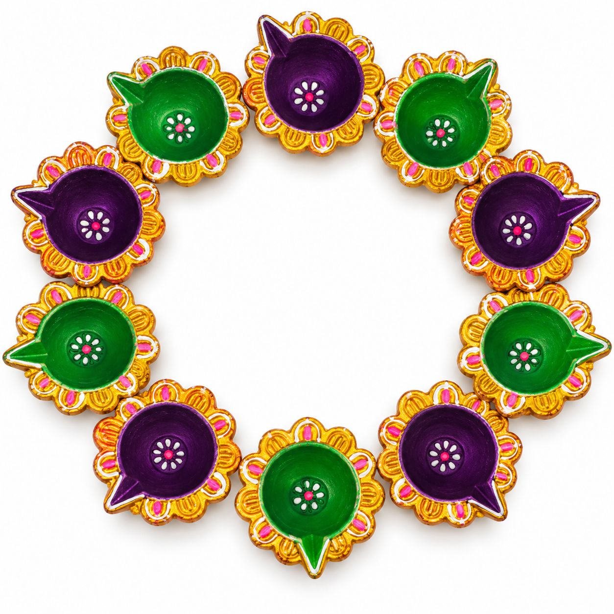 ChatGPT Image Sep 14, 2026, 05_53_18 PM Decorative Diya Set for Diwali & Pooja | Traditional Lotus Design Oil Lamps with Green & Purple Finish | Festive Home, Mandir & Pooja Decoration(pc-12) - Image 1