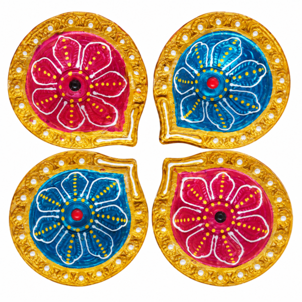 Decorative Diya Set of 4 | Hand-Painted Floral Design Diyas with Golden Border | Colorful Pink & Blue Diyas for Diwali, Pooja, Rangoli & Festive Home Decor