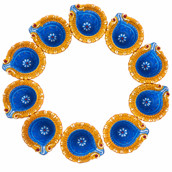 Decorative Diya Set of 12 | Blue & Golden Traditional Diya with Floral Design | Diwali, Pooja, Rangoli & Festive Home Decoration