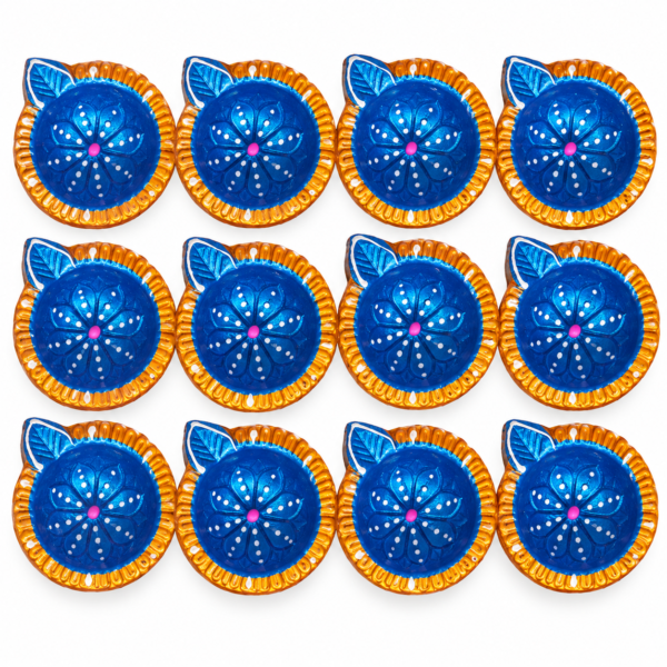 Decorative Diya Set of 12 | Blue & Golden Floral Design Diya for Diwali, Pooja, Rangoli & Festive Home Decoration