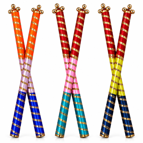 Traditional Dandiya Sticks Set of 3 Pairs | Colourful Dandiya Raas Sticks with Golden Ribbon Design | Navratri, Garba & Festive Dance Accessories