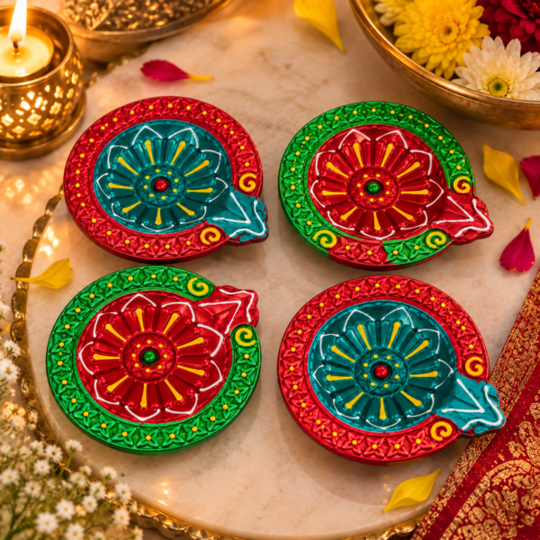 Decorative Diya Set of 4 | Colorful Floral Design Diyas with Red, Green & Blue Finish | Diwali, Pooja, Rangoli & Festive Home Decoration