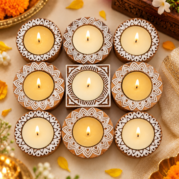 Wooden Floral Print Tea Light Candle Holders & Diya Stands – Set of 9 | Decorative Holders for Diwali, Christmas, Pooja & Home Décor