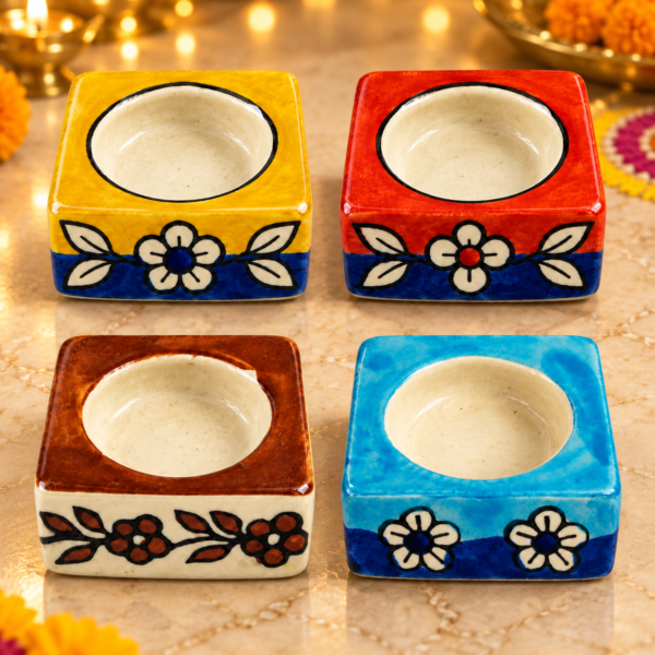 Handcrafted Ceramic Square Tea Light Candle Holders – Decorative Diya Set of 4