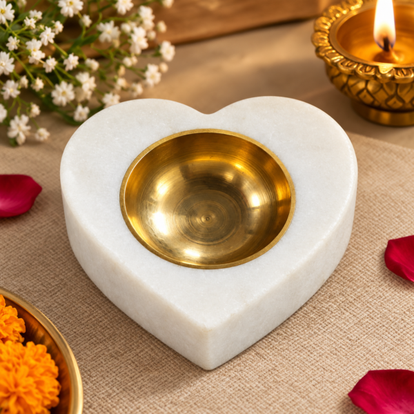 Heart Shape Marble Diya Candle Holder with Brass Insert – Decorative Tealight Holder