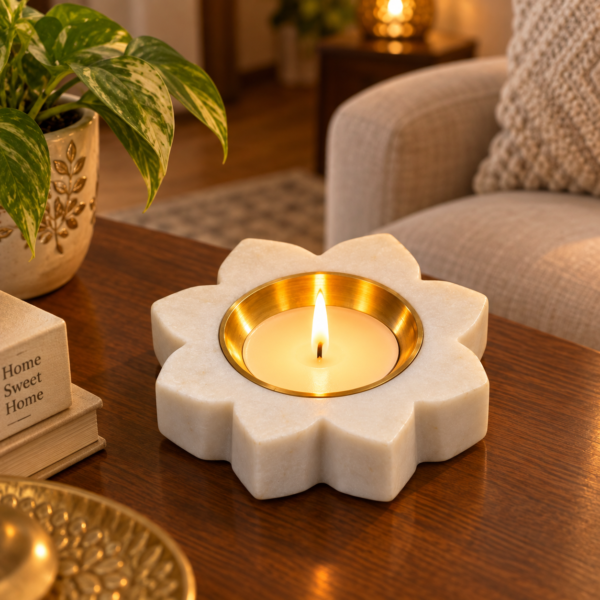 Marble Lotus Flower Tealight Holder with Golden Metal Katori – Decorative Diya Candle Holder