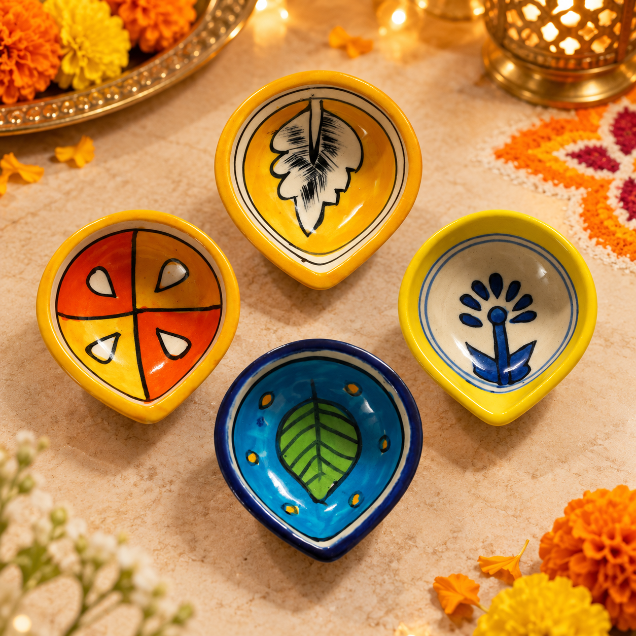 ChatGPT Image Sep 18, 2026, 06_11_30 PM Handcrafted leaf-Shaped Decorative Diyas with Artistic Floral Designs – Pack of 4 - Image 1