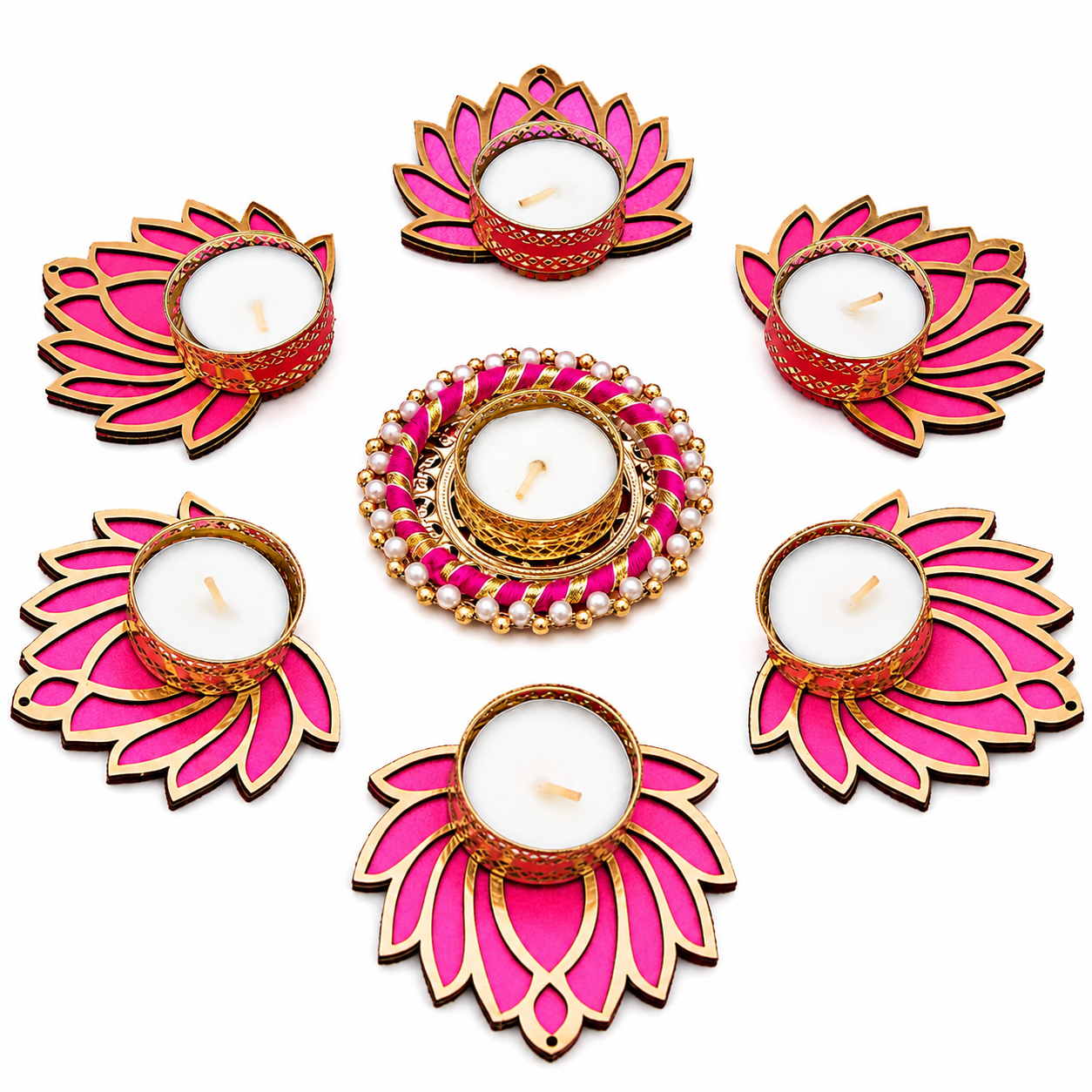 LD (3) Reusable Wooden Lotus Chudi Tealight Candle Holder Set of 7 with Wax Candles | Decorative Diyas for Diwali, Ganesh Chaturthi, Laxmi Pooja & Home Temple - Image 1