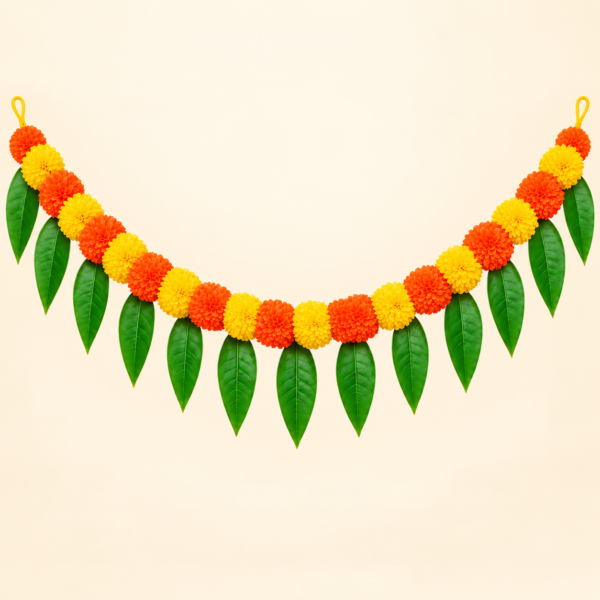 Artificial Mango Leaves & Marigold Flower Toran for Main Door – 1 Pc | Traditional Bandhanwar for Entrance, Pooja Room & Diwali Decoration