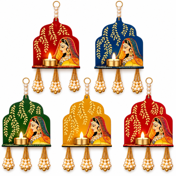 Traditional Rajasthani Multicolor Wooden Candle Stand Hanging Set of 5 | Handcrafted Decorative Latkan for Diwali, Entrance & Festive Home Décor