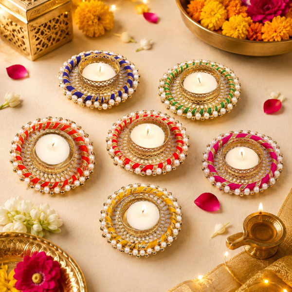 Handmade Mix Ring Tealight Candle Holders – Pack of 6 | Decorative Diyas for Diwali, Pooja, Home & Office Décor