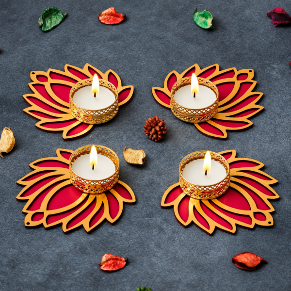 Handmade Lotus Tealight Candle Holder Set of 4 | Decorative Diya Holders for Diwali, Pooja Room, Mandir & Festive Décor