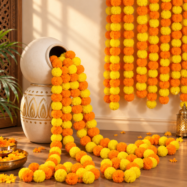 Artificial Marigold Garland Flowers for Decoration – Pack of 5 | Reusable Fluffy Genda Phool Garlands in Orange & Yellow | For Diwali, Pooja, Wedding, Home & Festive Decoration