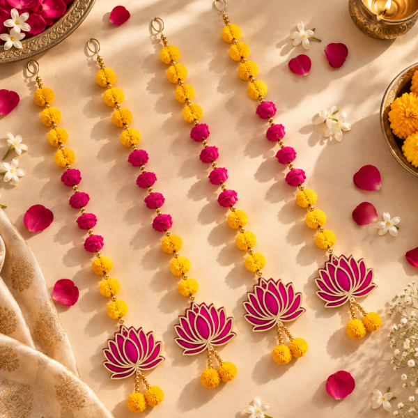 Lotus Pompom Door Hanging Set of 4 for Main Entrance | Decorative Indian Latkan Toran for Mandir, Pooja Ghar & Festive Home Decor | Diwali, Ganpati & Pooja Decoration