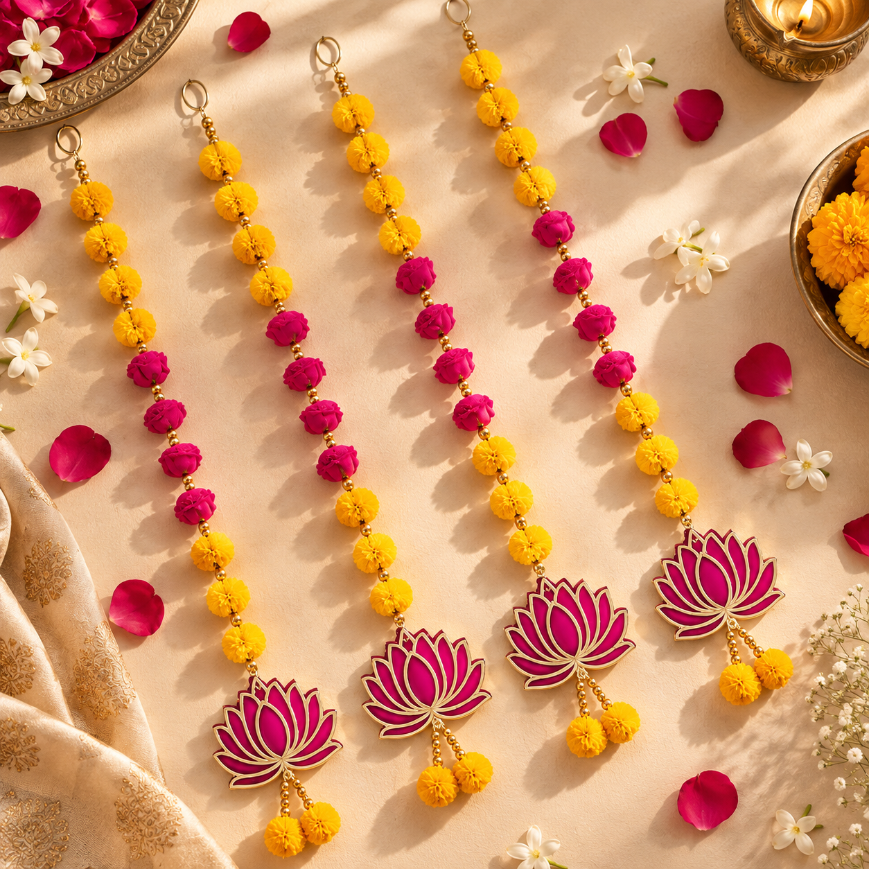 pom-pom 1 Lotus Pompom Door Hanging Set of 4 for Main Entrance | Decorative Indian Latkan Toran for Mandir, Pooja Ghar & Festive Home Decor | Diwali, Ganpati & Pooja Decoration - Image 1